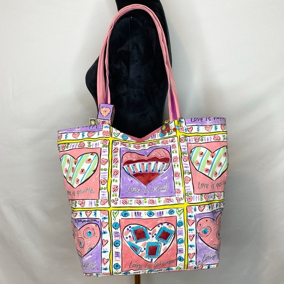 Sally Huss Handbags - Vintage Sally Huss Embellished Painted Hearts Love Themed Large Canvas Tote Bag